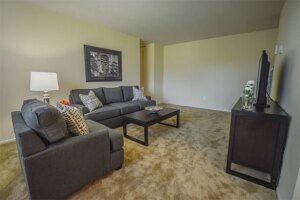 Spacious furnished living room for relaxation and entertainment